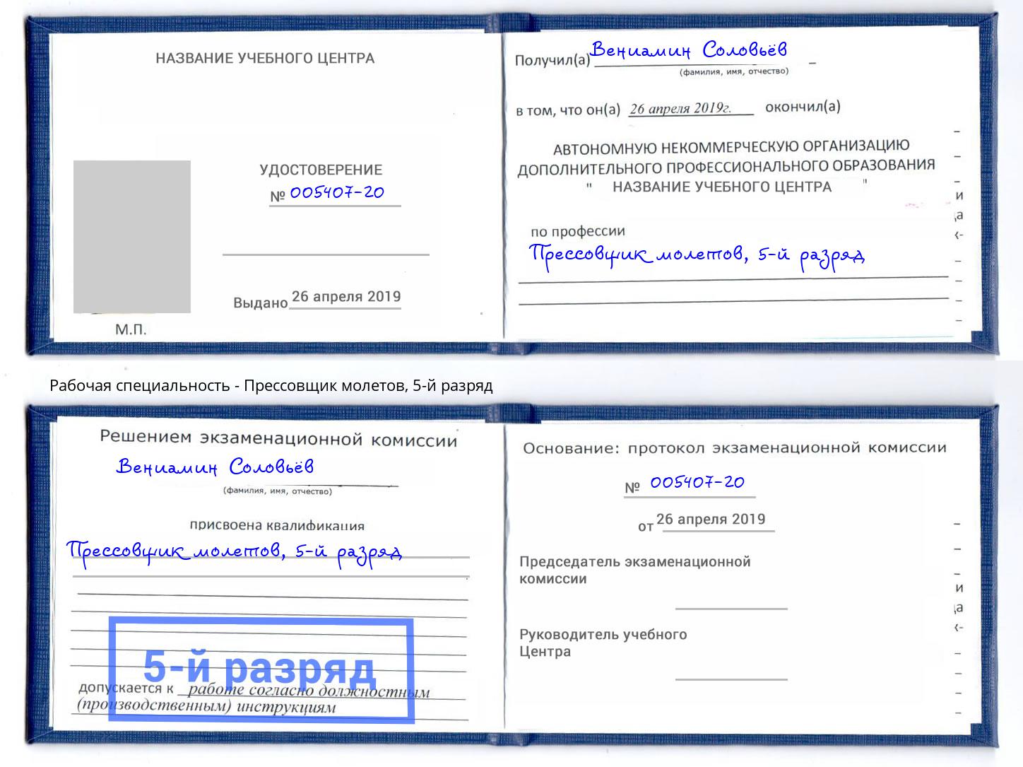 корочка 5-й разряд Прессовщик молетов Калуга