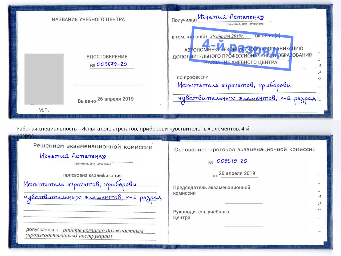 корочка 4-й разряд Испытатель агрегатов, приборови чувствительных элементов Калуга