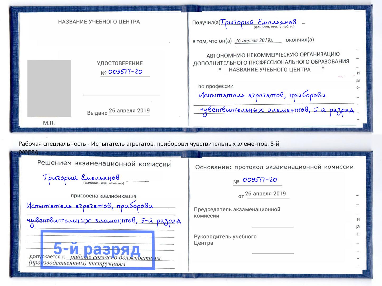 корочка 5-й разряд Испытатель агрегатов, приборови чувствительных элементов Калуга