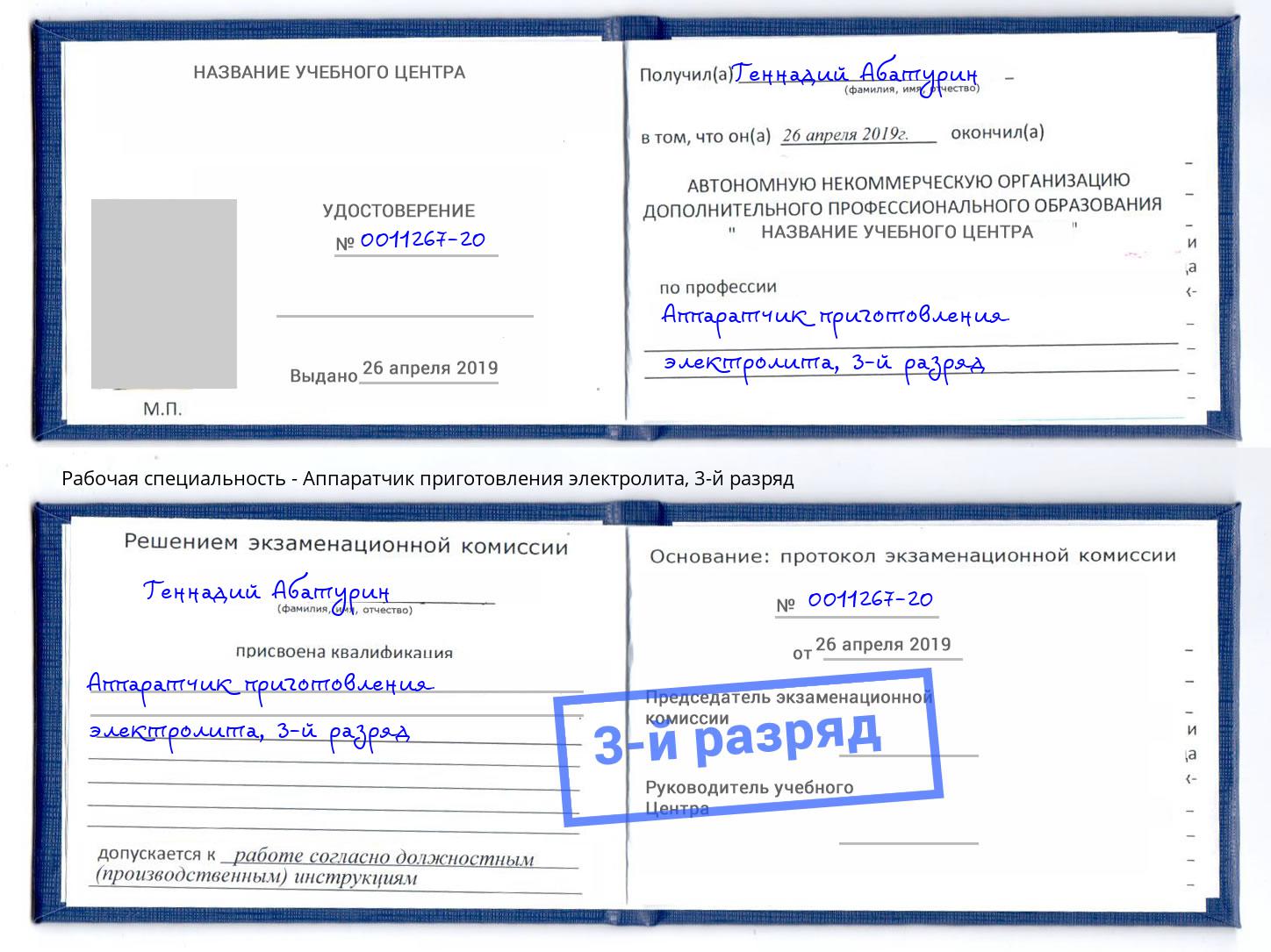 корочка 3-й разряд Аппаратчик приготовления электролита Калуга