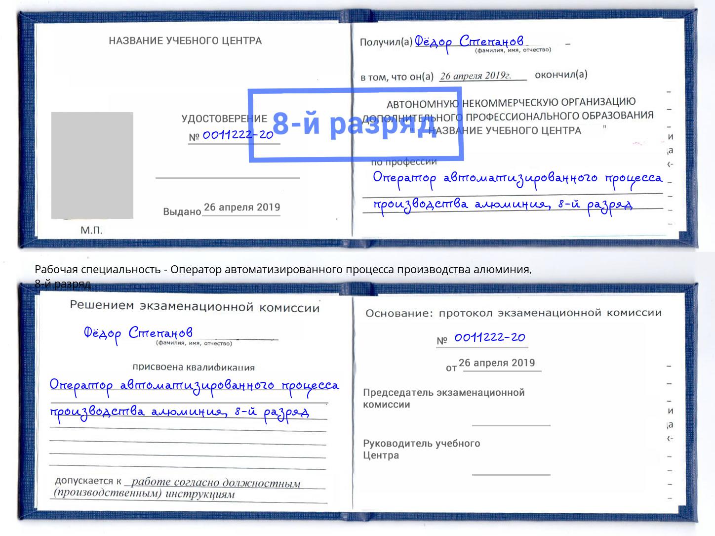 корочка 8-й разряд Оператор автоматизированного процесса производства алюминия Калуга