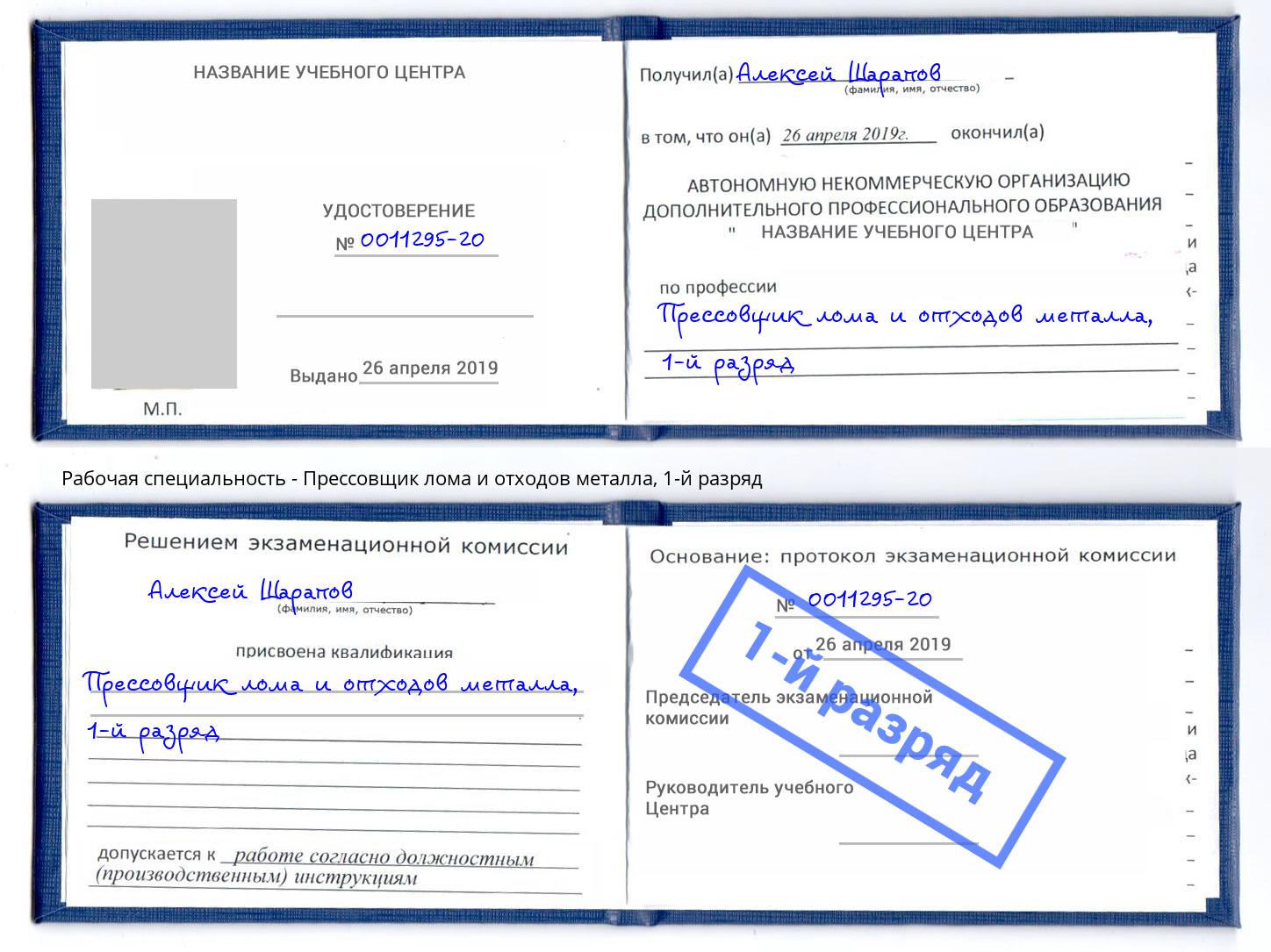 корочка 1-й разряд Прессовщик лома и отходов металла Калуга