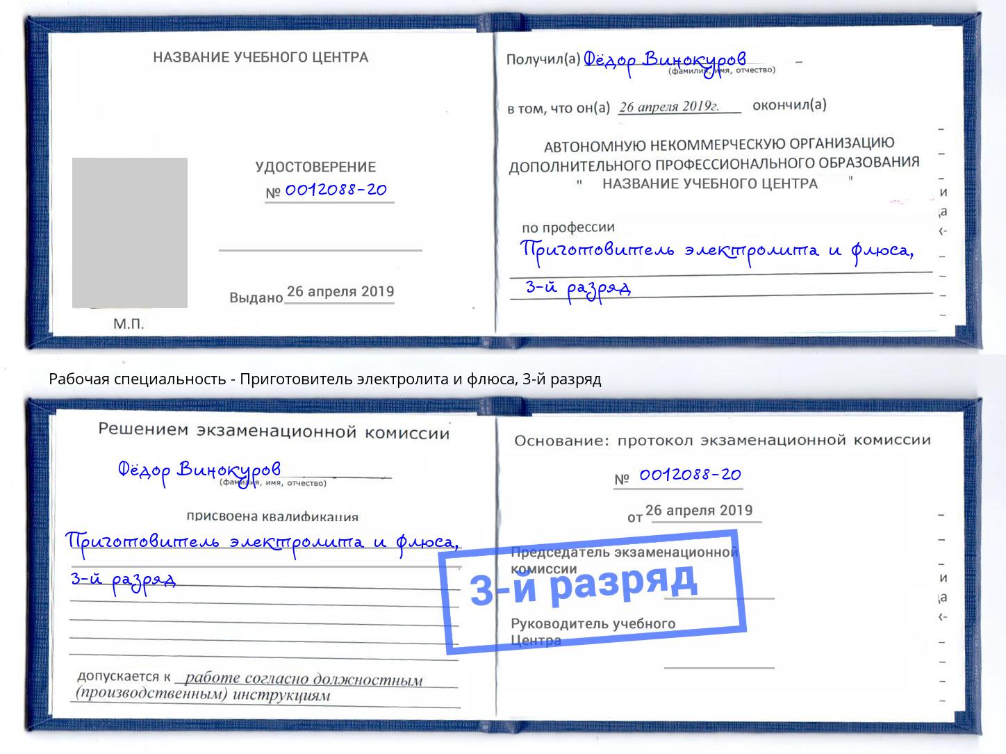 корочка 3-й разряд Приготовитель электролита и флюса Калуга