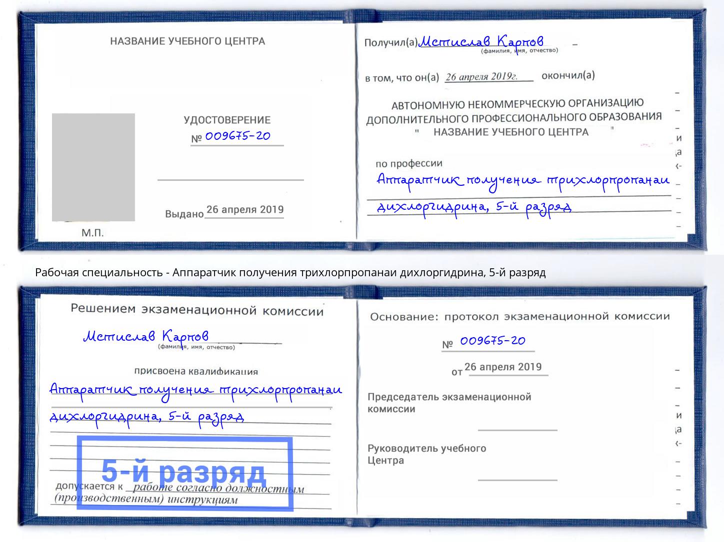 корочка 5-й разряд Аппаратчик получения трихлорпропанаи дихлоргидрина Калуга